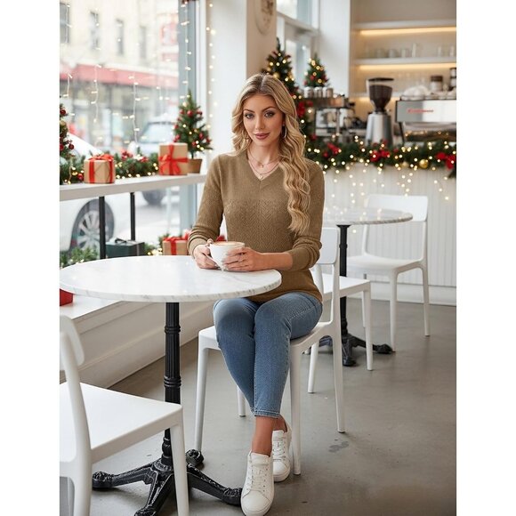 Women's Camel Wool Long Sleeve Crochet Pullover V Neck Lightweight Sweater - Picture 6 of 7